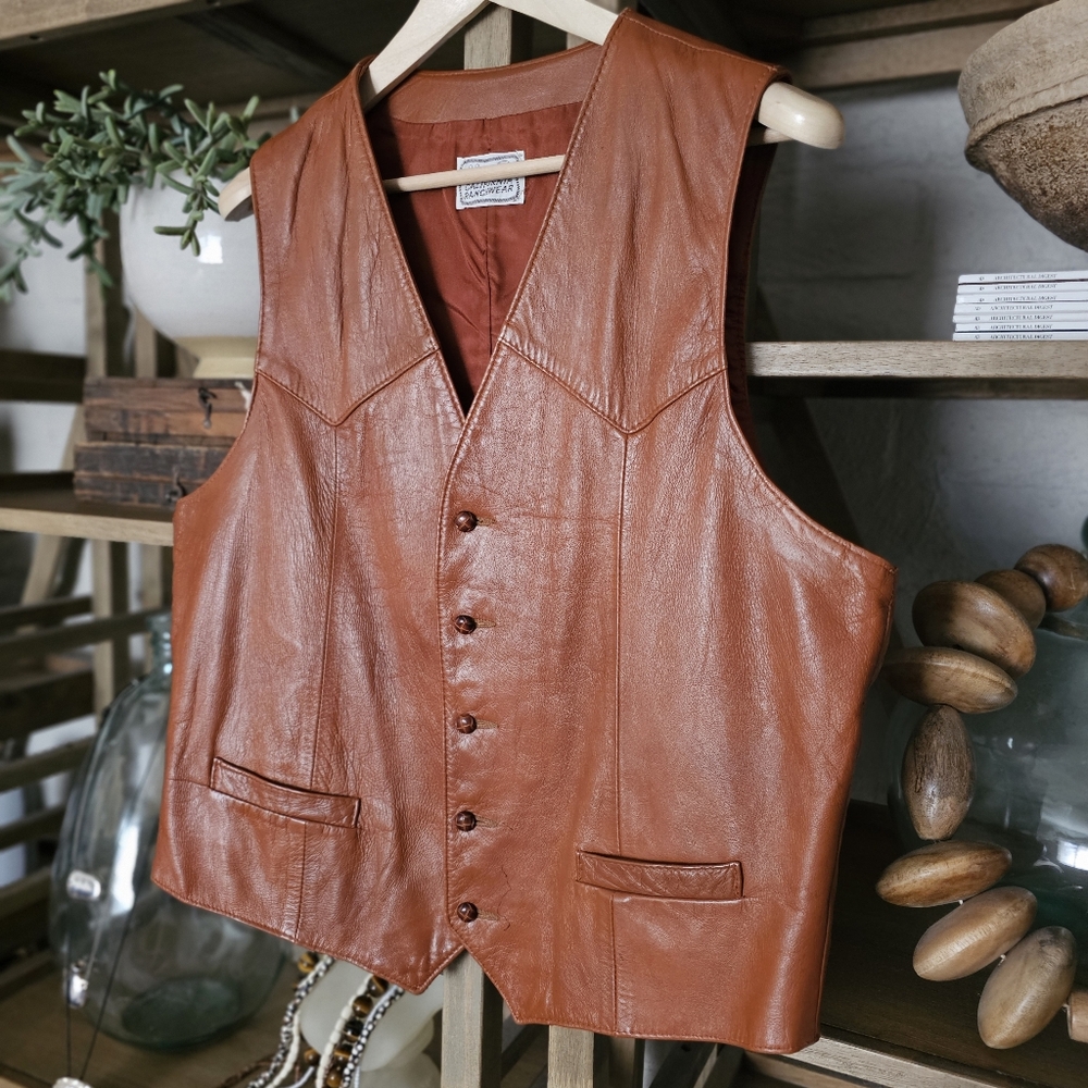 Vintage 70's H Bar C California Ranchwear Brown Glossy Western Leather Vest - Picture 9 of 10